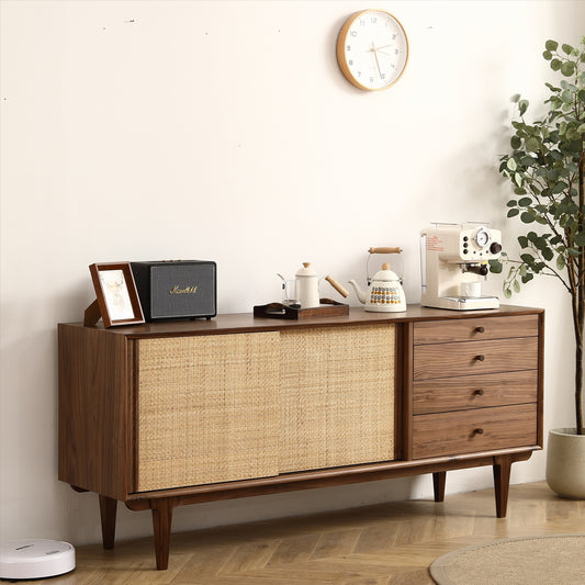 Furnisoar Mid-Century Modern Sideboard in - Black Walnut/Natural Vine