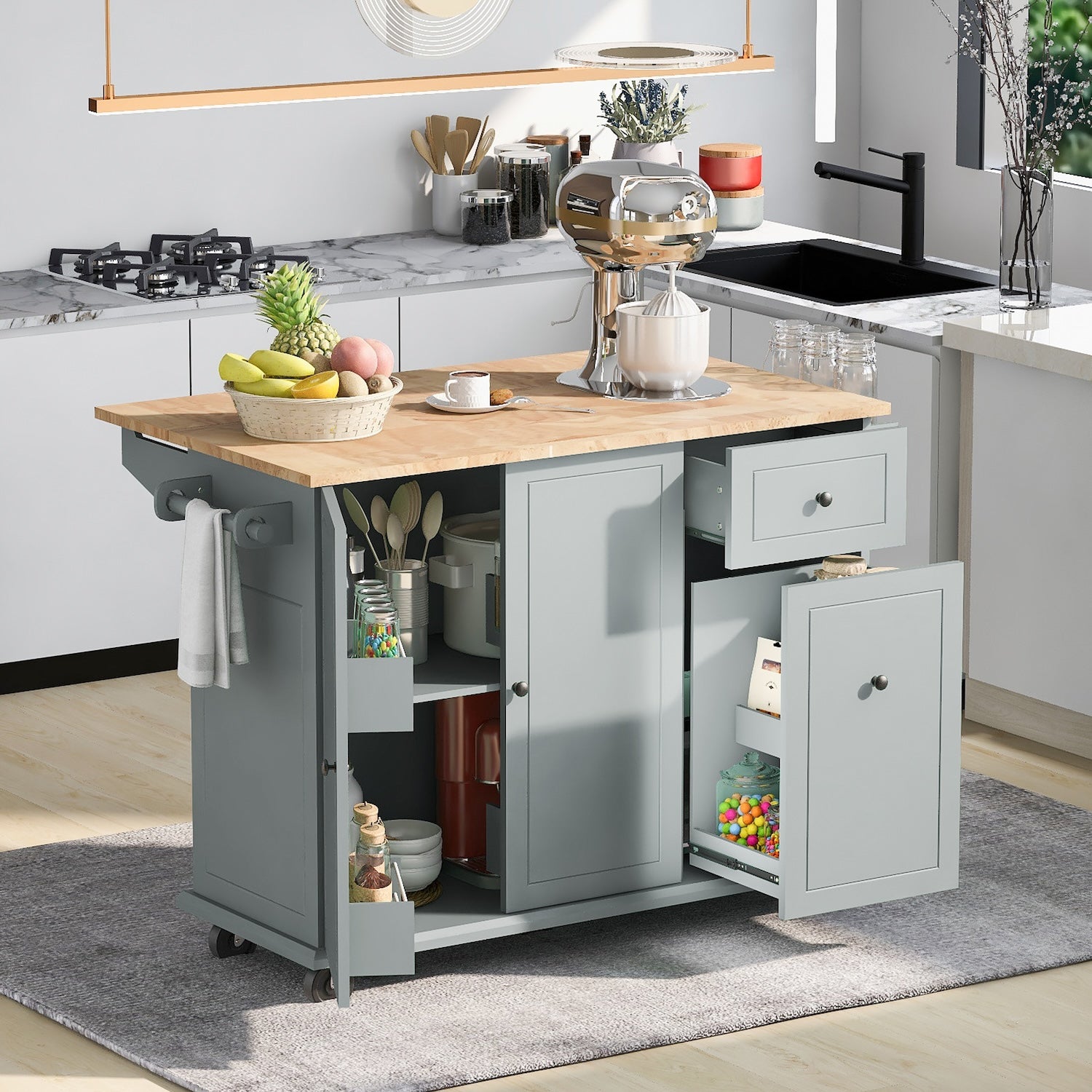 K&K Kitchen Island Cart with 3 Tier Organizer - Gray