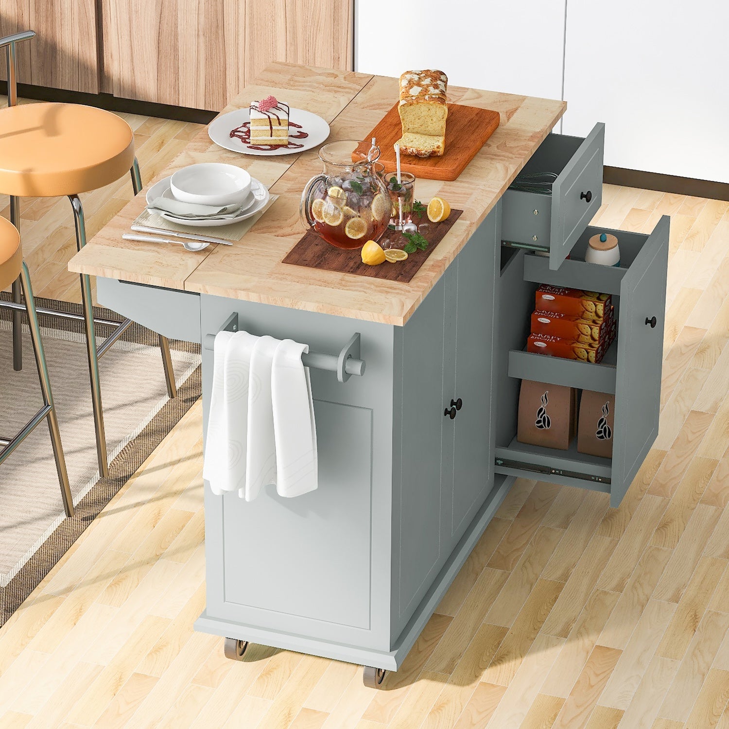 K&K Kitchen Island Cart with 3 Tier Organizer - Gray