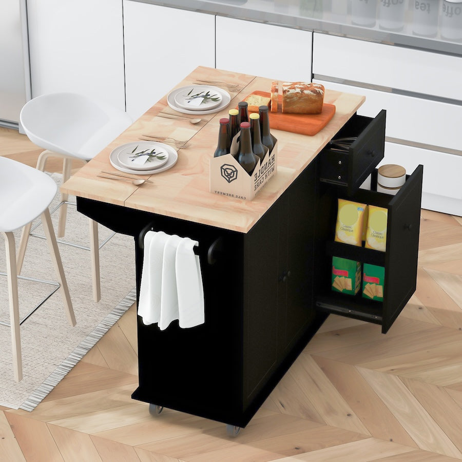 K&K Kitchen Island Cart with 3 Tier Organizer - Black