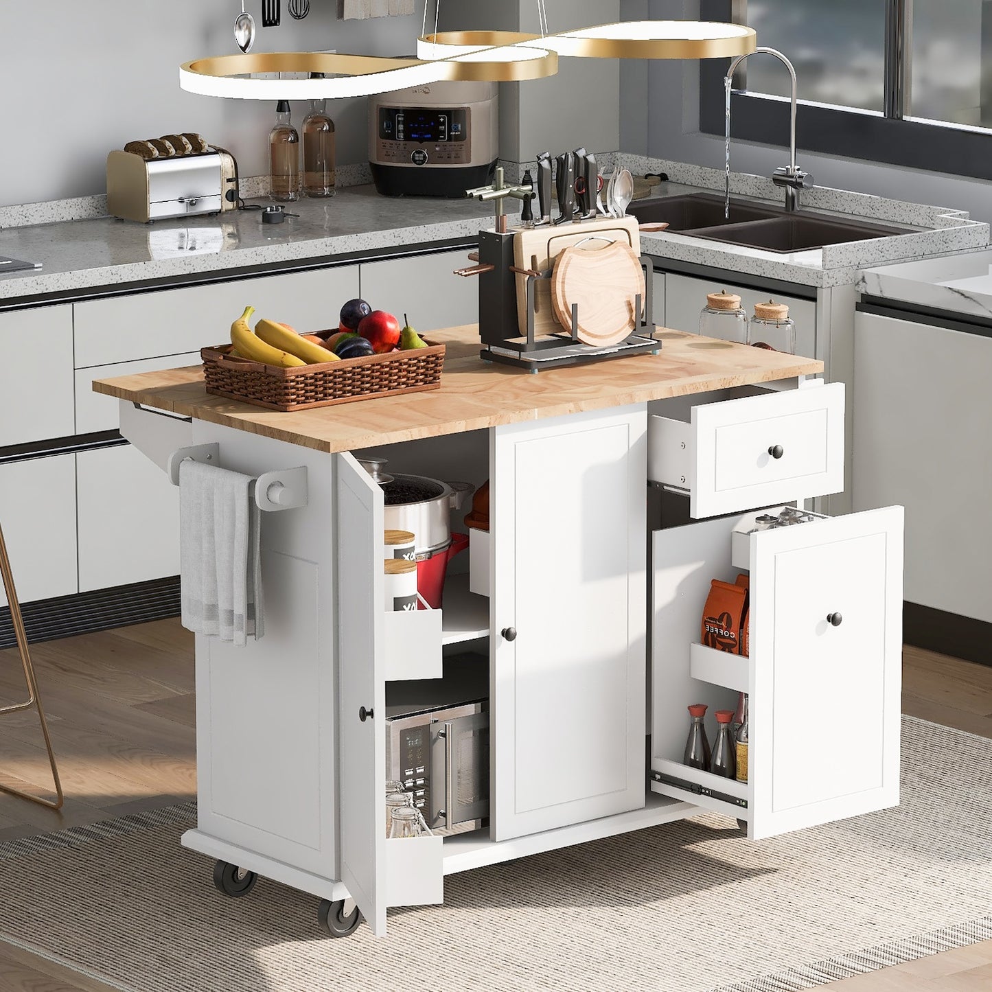 K&K Kitchen Island Cart with 3 Tier Organizer - White