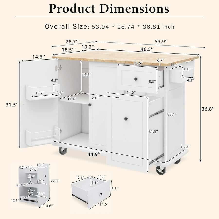 K&K Kitchen Island Cart with 3 Tier Organizer - White