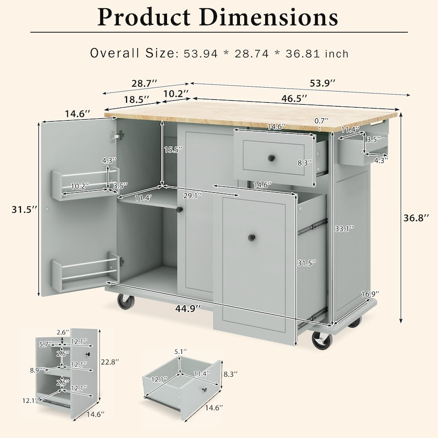 K&K Kitchen Island Cart with 3 Tier Organizer - Gray