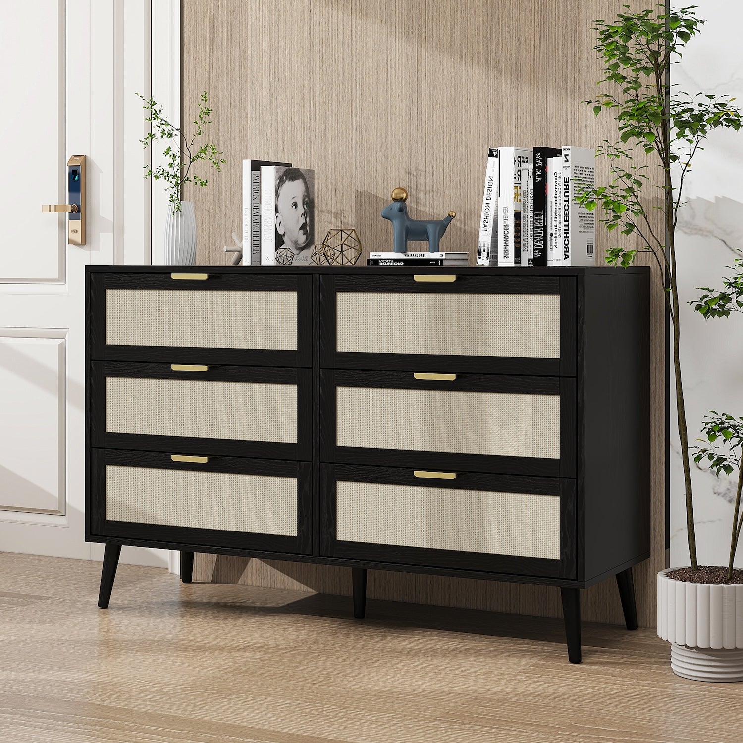 Zeal 6-Drawer Dresser with Rattan Drawer Fronts - Black