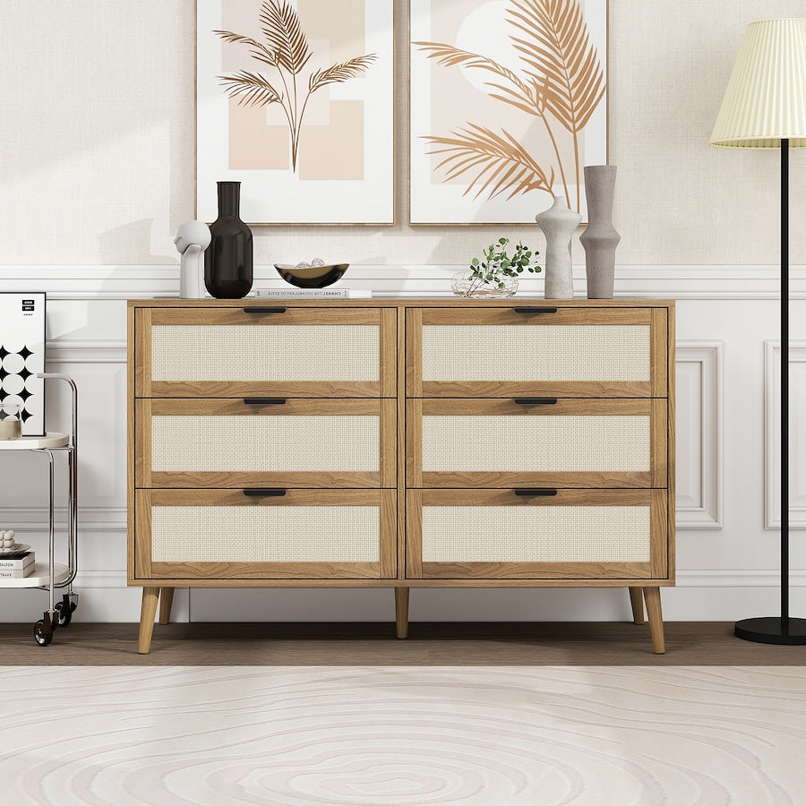 Zeal 6-Drawer Dresser with Rattan Drawer Fronts - Walnut