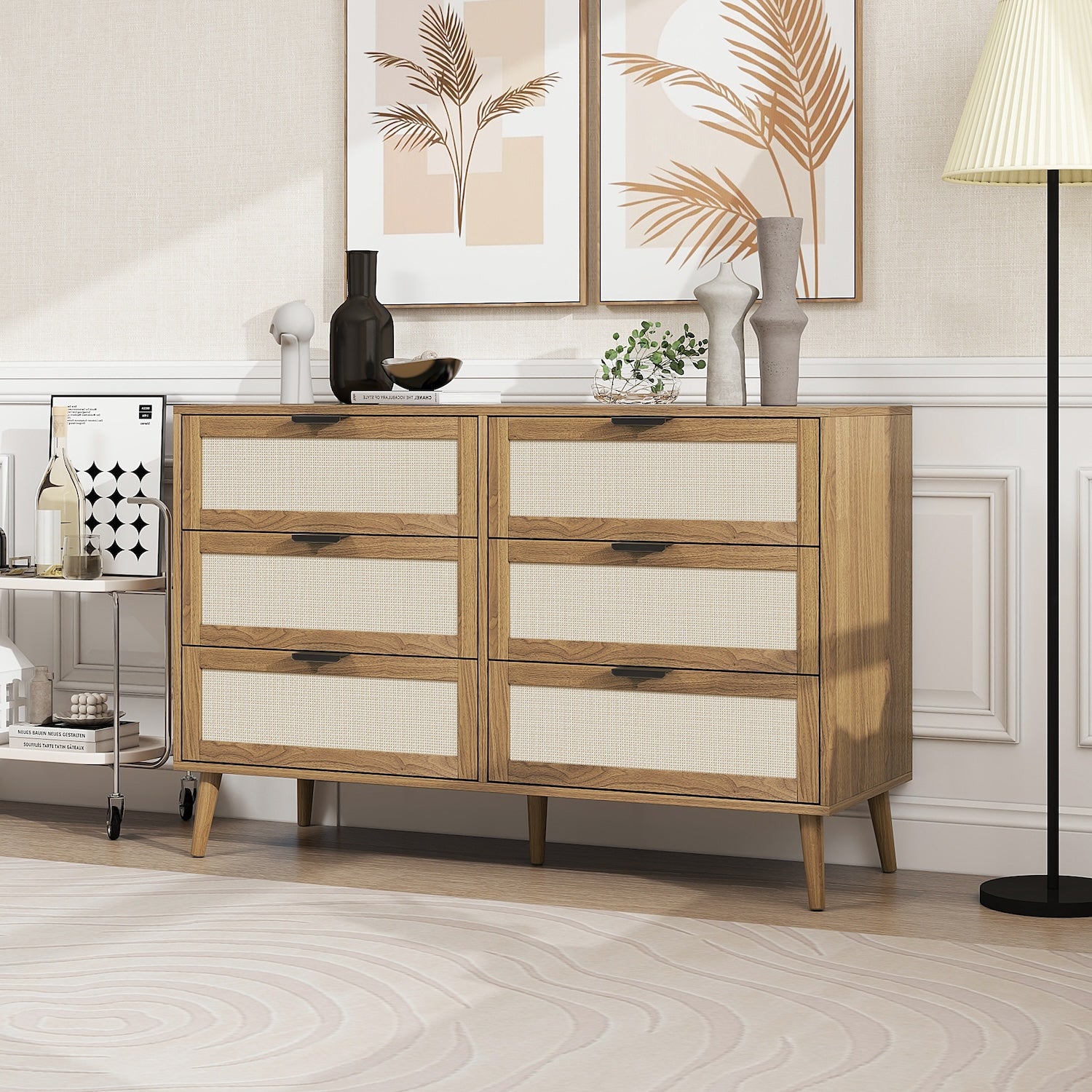 Zeal 6-Drawer Dresser with Rattan Drawer Fronts - Walnut