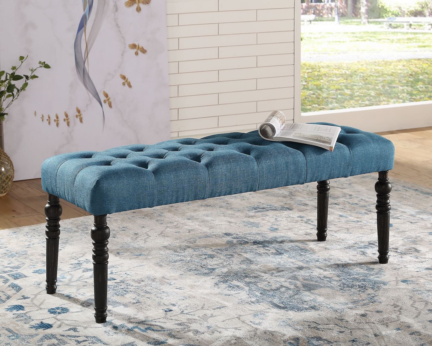 Leviton Fabric Tufted Turned Leg Dining Bench, Blue