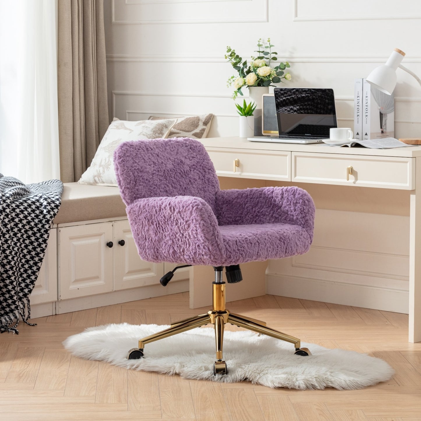 Solara Faux Rabbit Office Swivel Chair with Gold Base - Violet