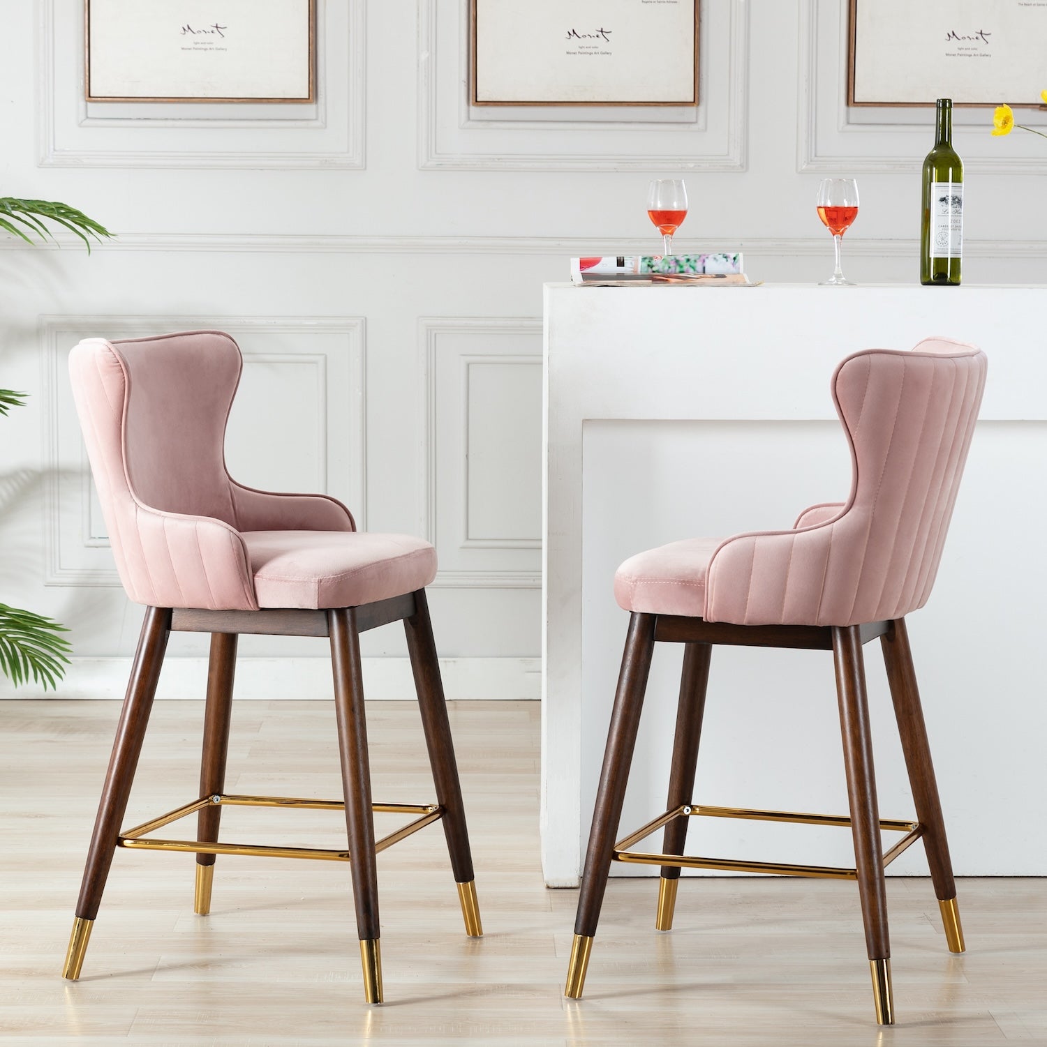 Leland Channel Tufted Counter Stools on Gold Tipped Walnut Legs Set of 2 Pink