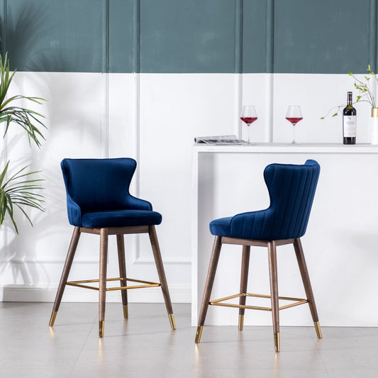 Leland Channel Tufted Counter Stools on Gold Tipped Walnut Legs Set of 2