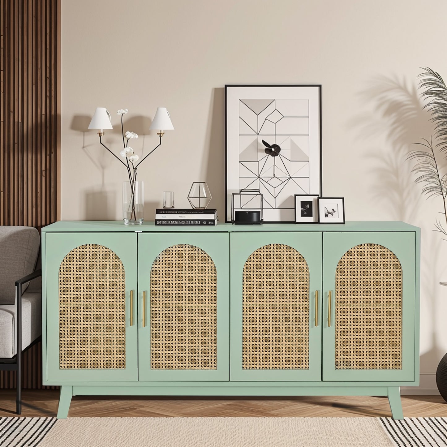 Bradley 4-Door Cabinet with Rattan Fronts - Mint Green