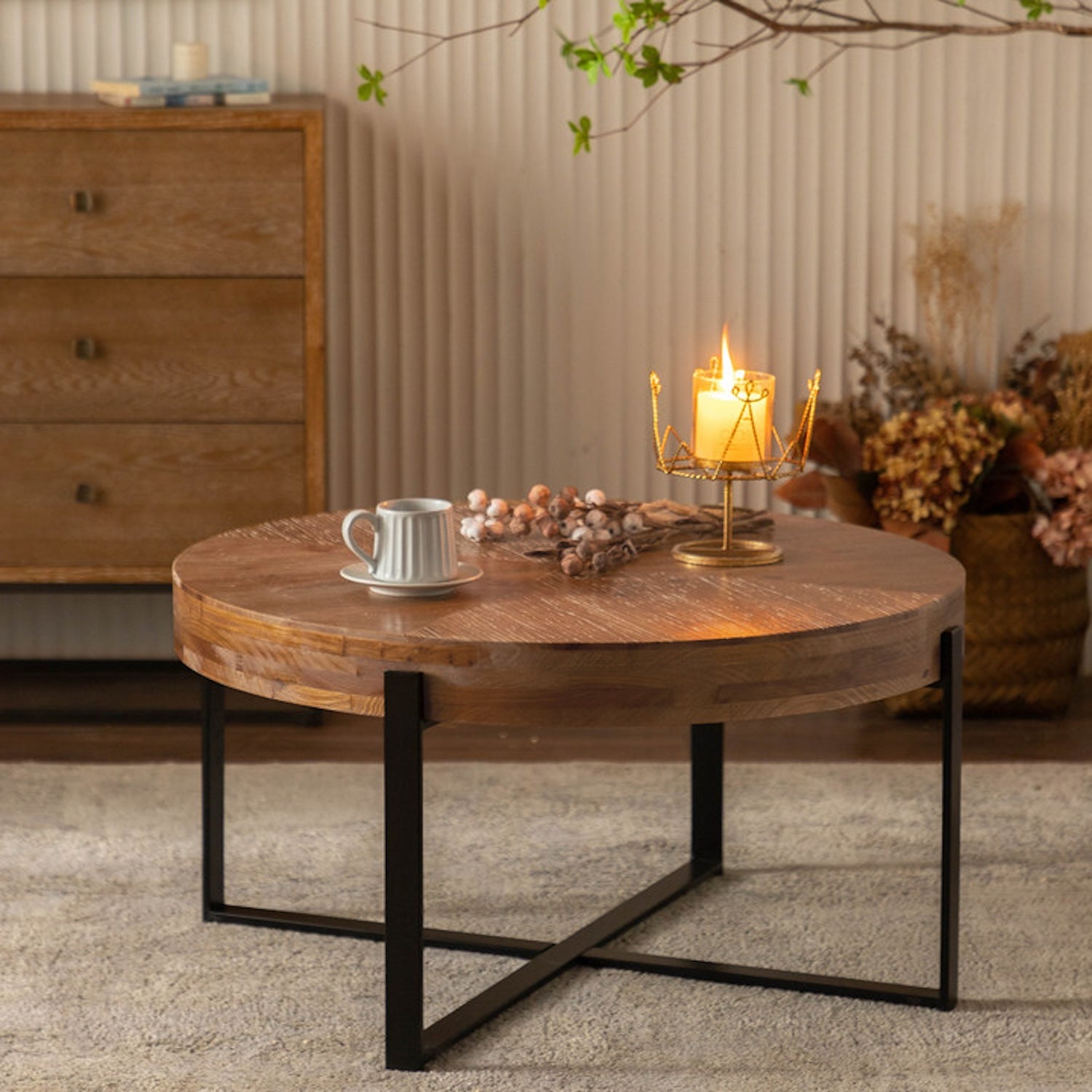 Velveta 33.86" Retro Splicing Round Coffee Table - Black & Natural