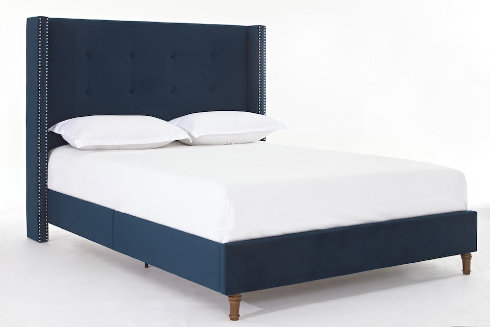 Peyton Blue Velvet Platform Bed with Nailhead Trim & Turned Feet