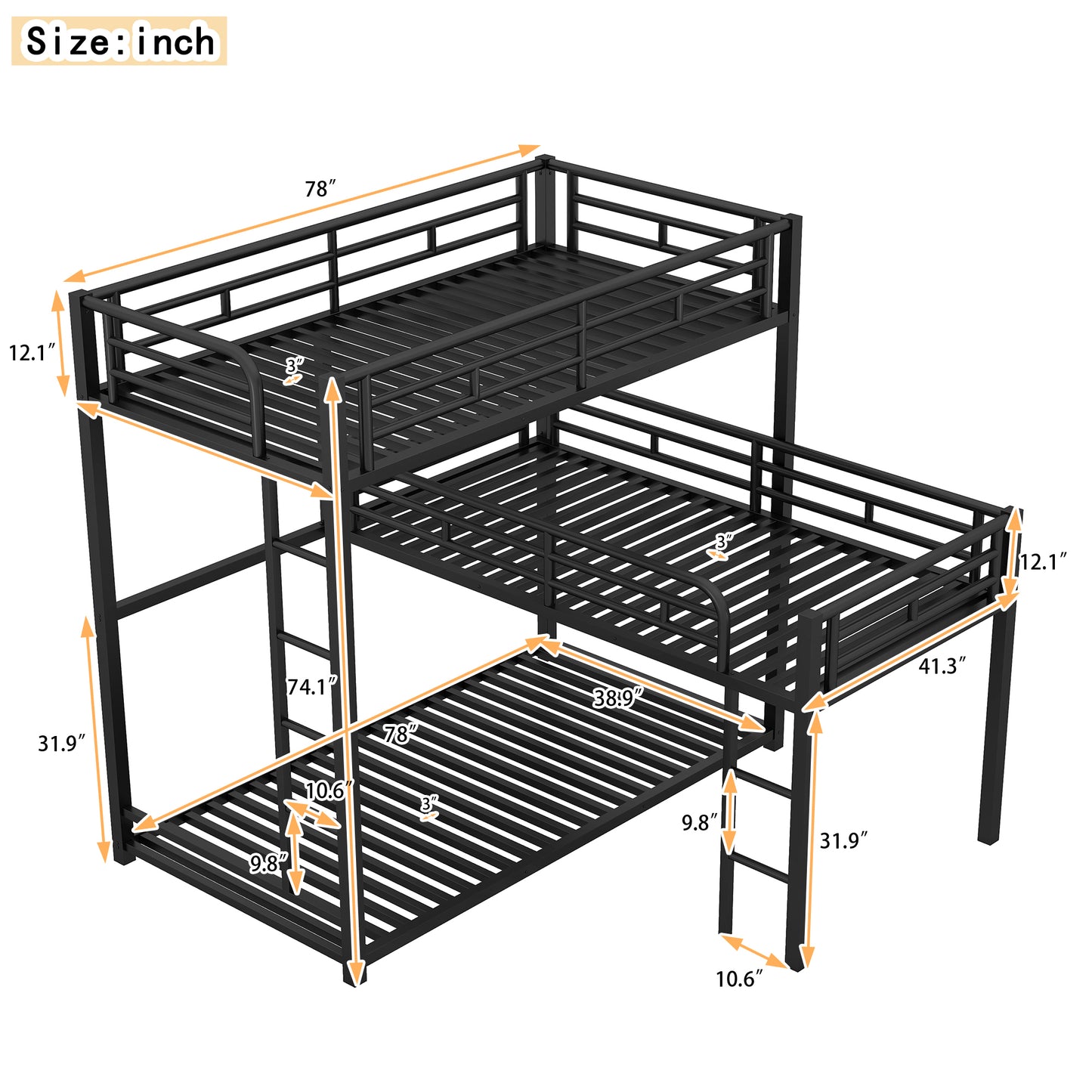 Brooks L-shaped Metal Triple Twin Size Bunk Bed, Black