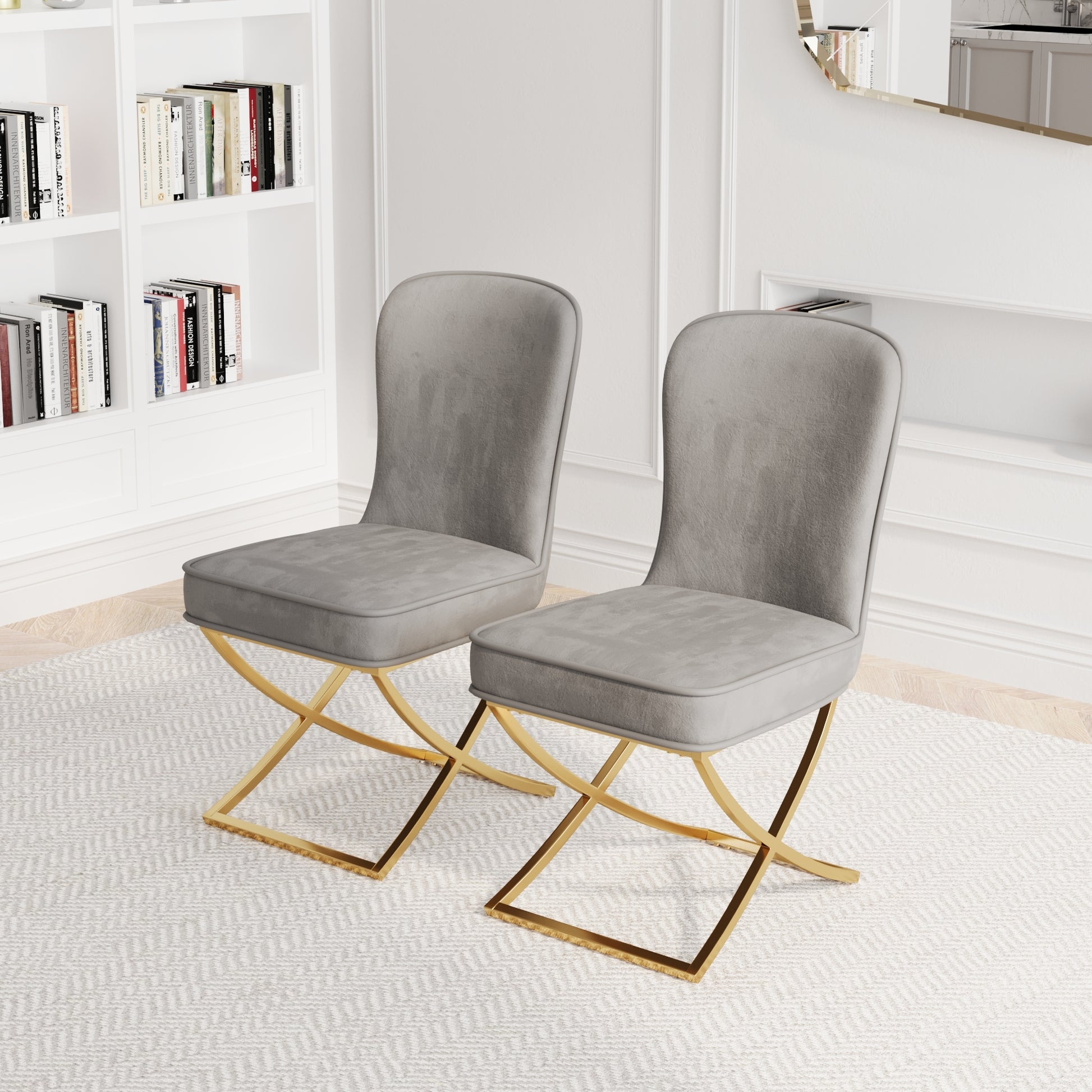 Modern Elegance Velvet Dining Chairs with Golden Metal Legs Set of 2 Grey