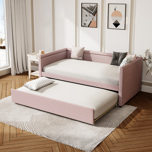 Kiri Modern Style Twin Size Linen Daybed & Trundle Set, Pink