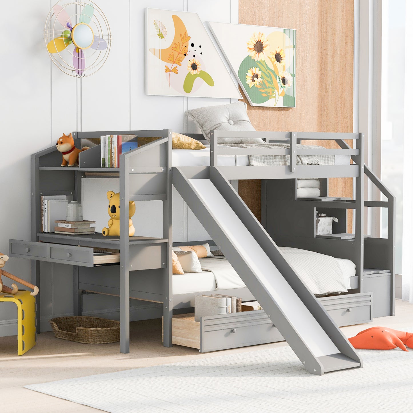 Foster Twin Bunk Bed with Desk & Slide, Gray