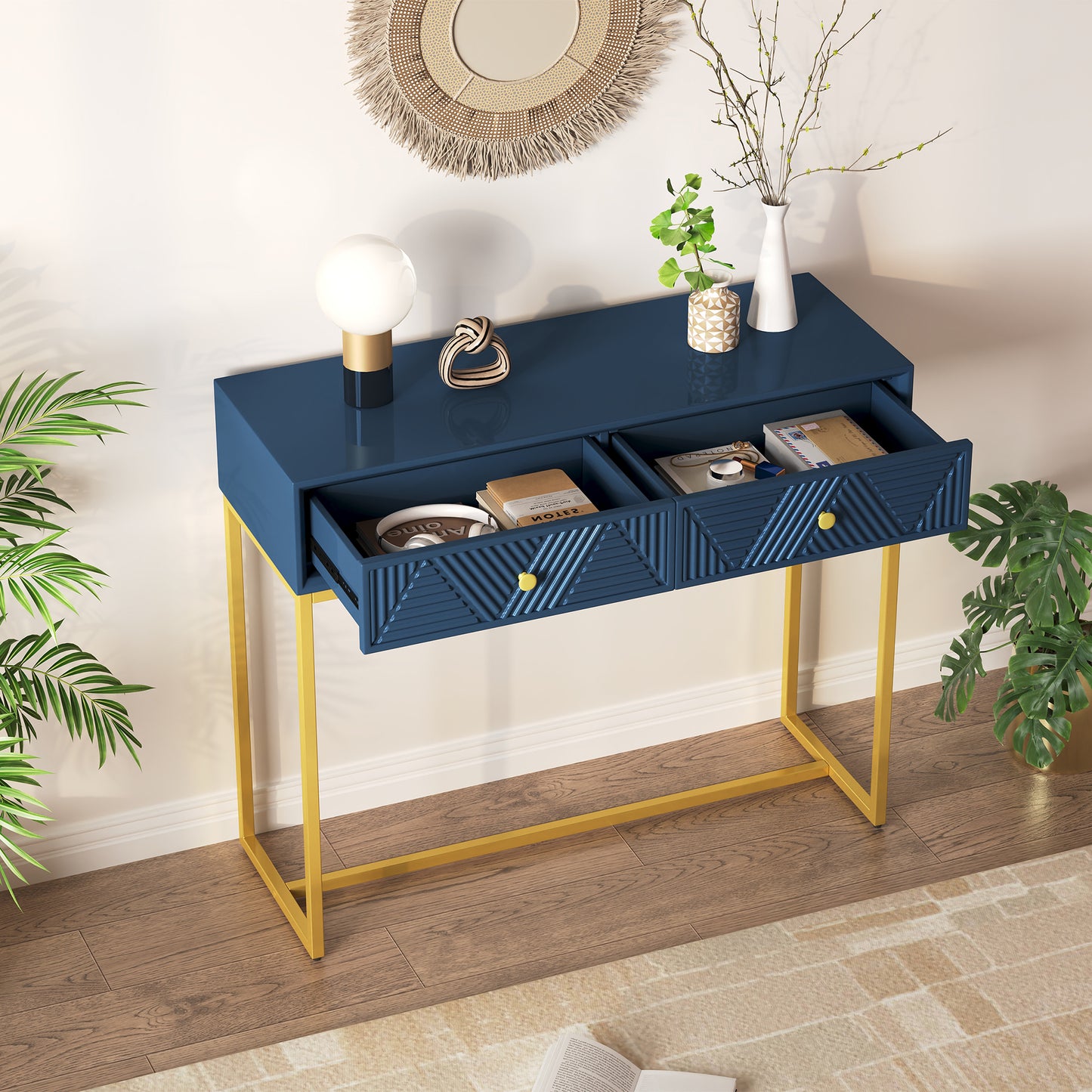 Jessalyn Modern 2-Drawer Console Table with Gold Legs, Navy