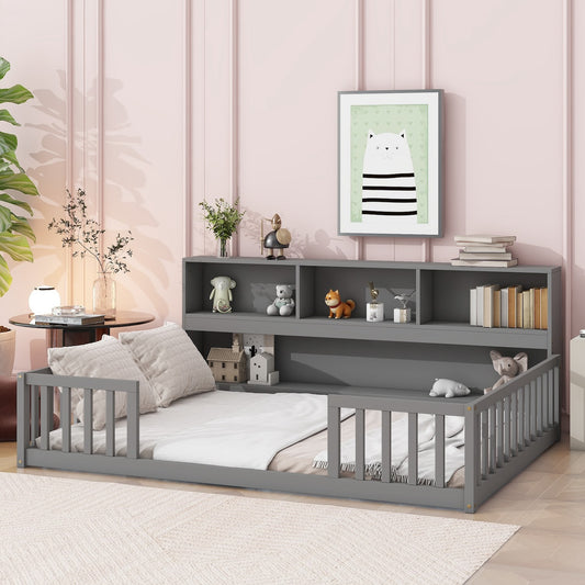 Thorton Full Size Floor Bed with Bookcase in Gray