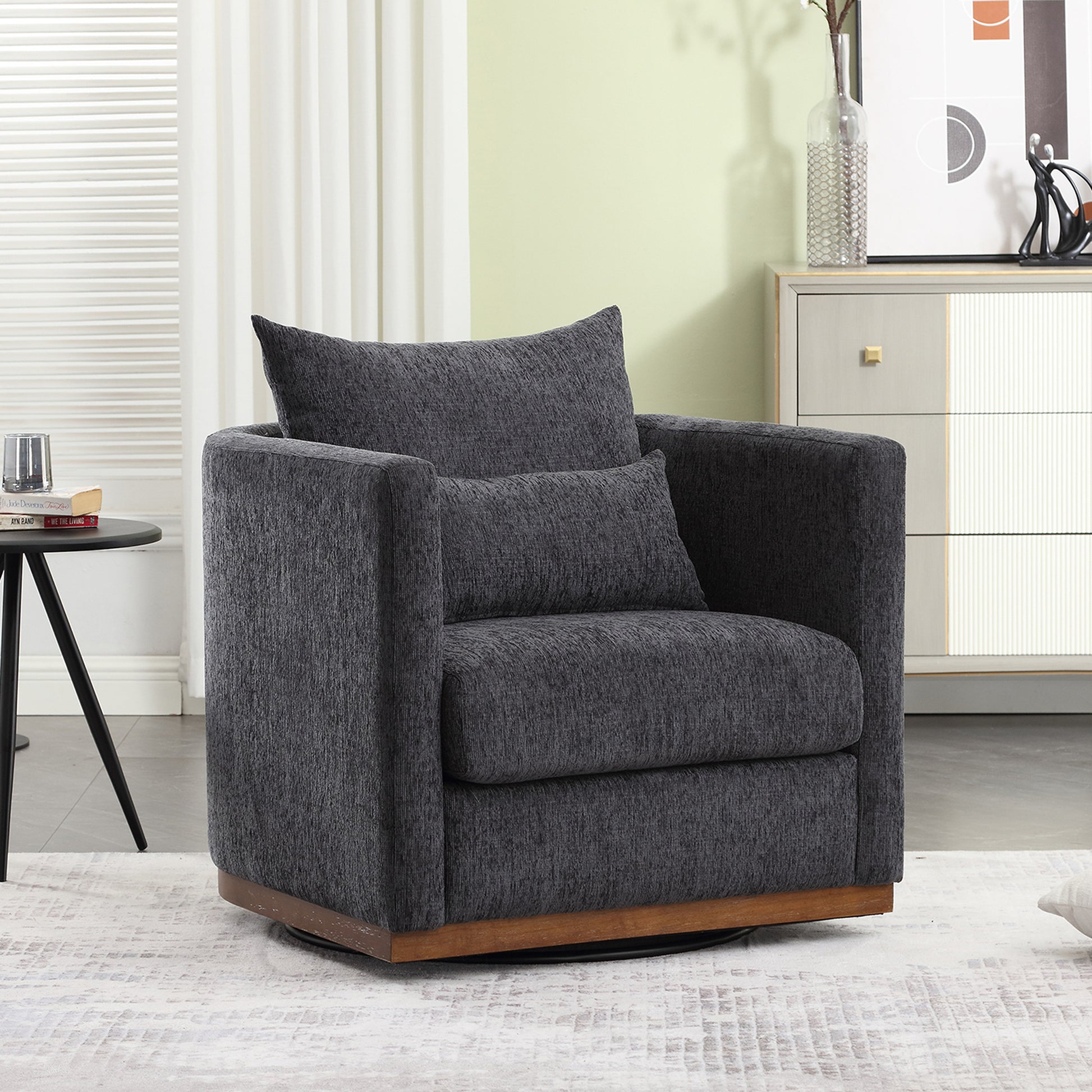 Coolmore Ultimate Comfort 360° Swivel Carbon Black Chenille Barrel Chair for Any Space