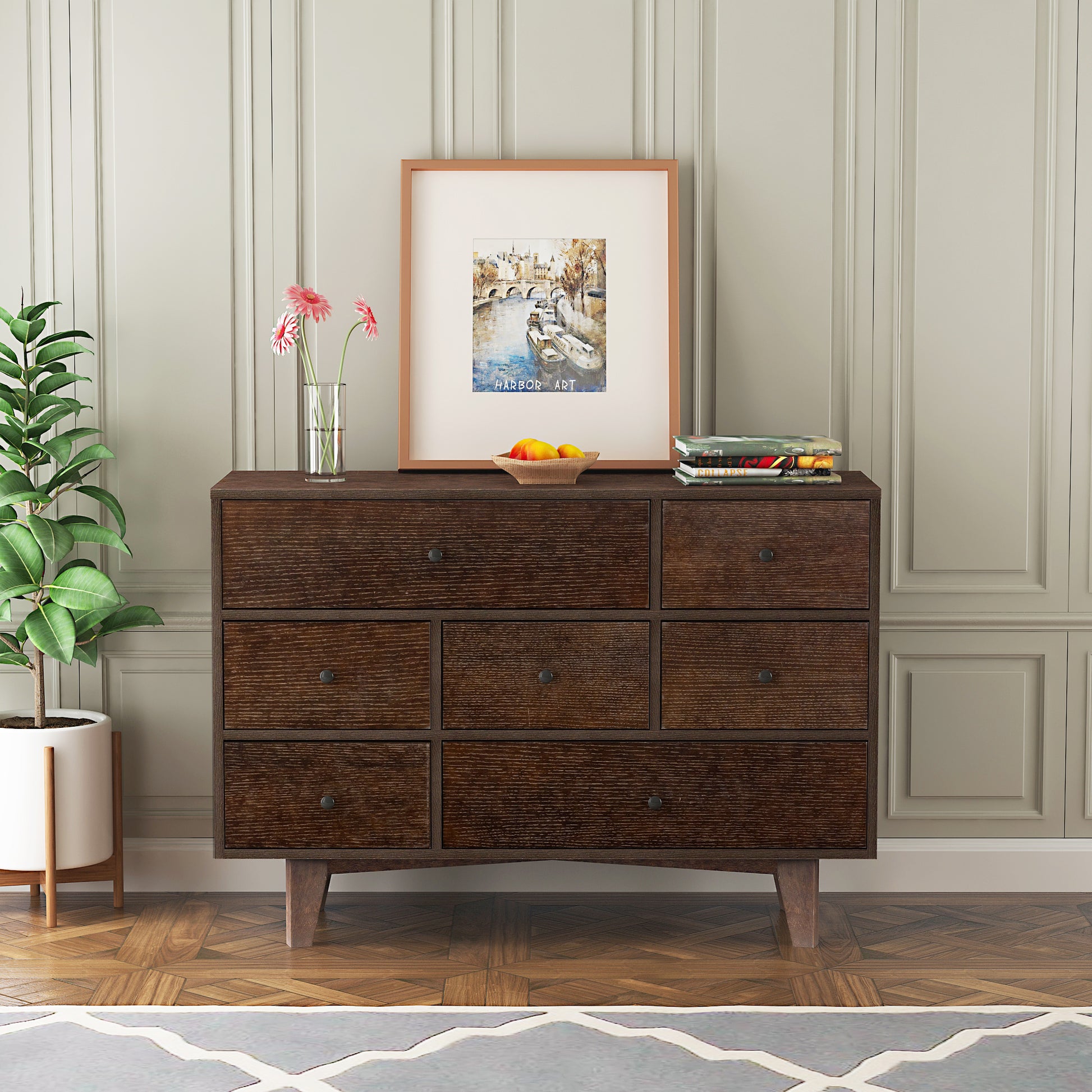 Alina Retro Rustic 7-Drawer Cabinet with Solid Wood Legs, Auburn