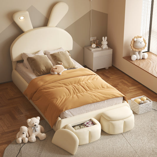 Tomo Twin Size Upholstered Platform Bed with Cartoon Ears Shaped Headboard and Light, Beige