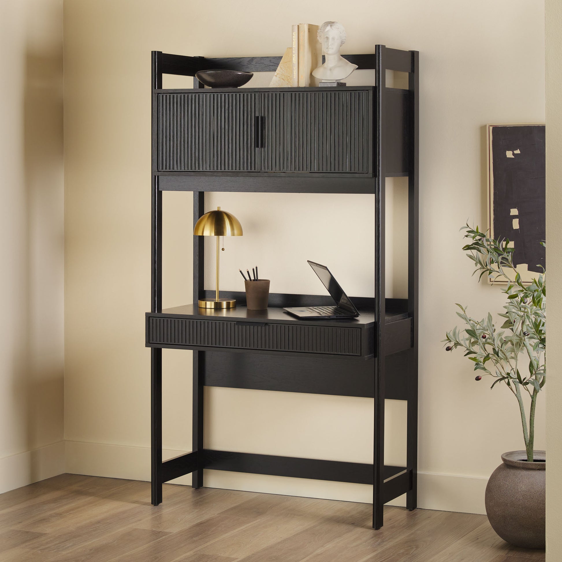 Transitional Reeded Desk with Hutch and Drawers Plus Tech Management - Black