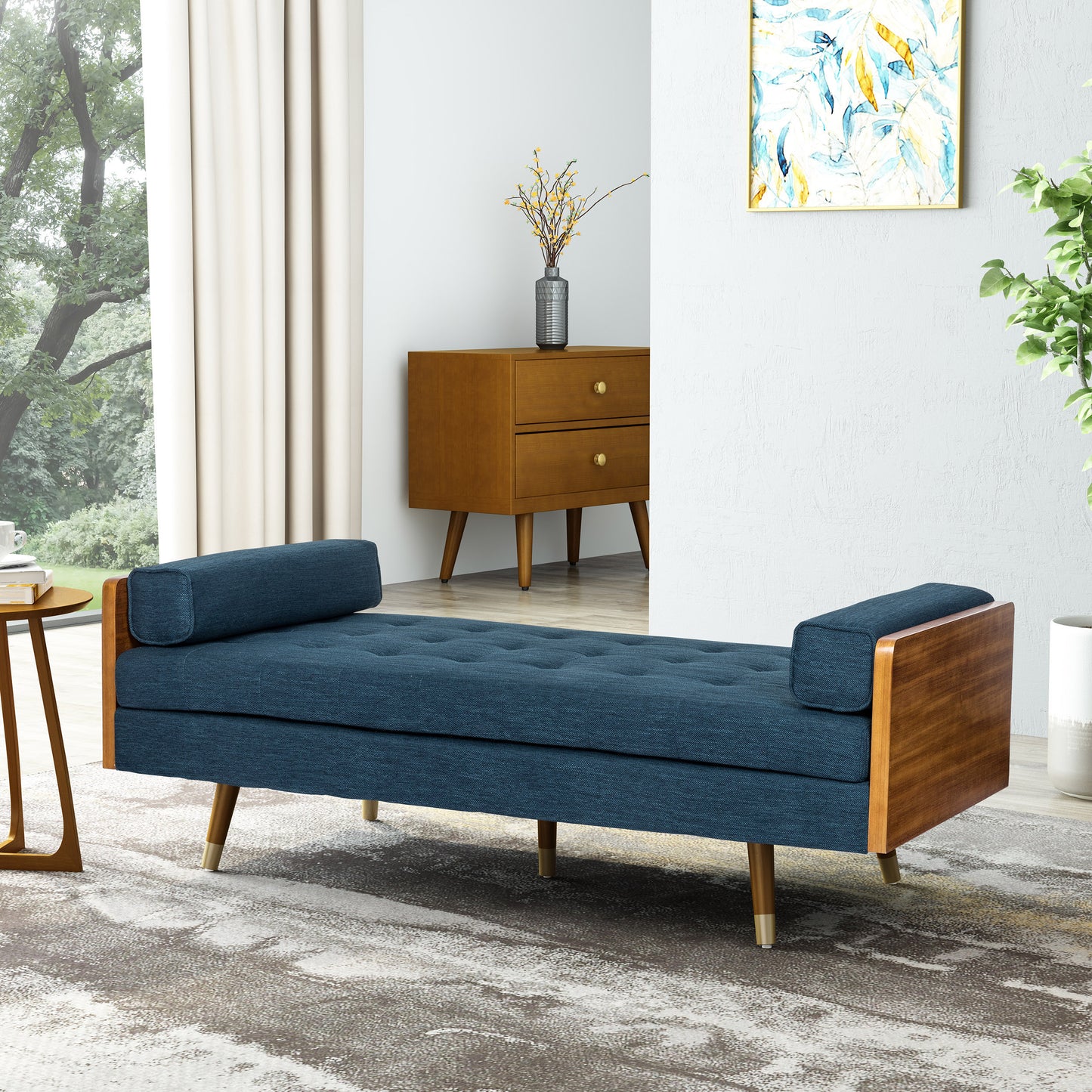 Thelma Mid-Century Modern Chaise Lounge, Navy & Walnut