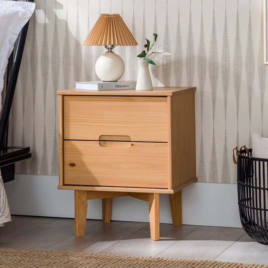 Constance Mid-Century Modern 2-Drawer Solid Wood Nightstand, Natural Pine