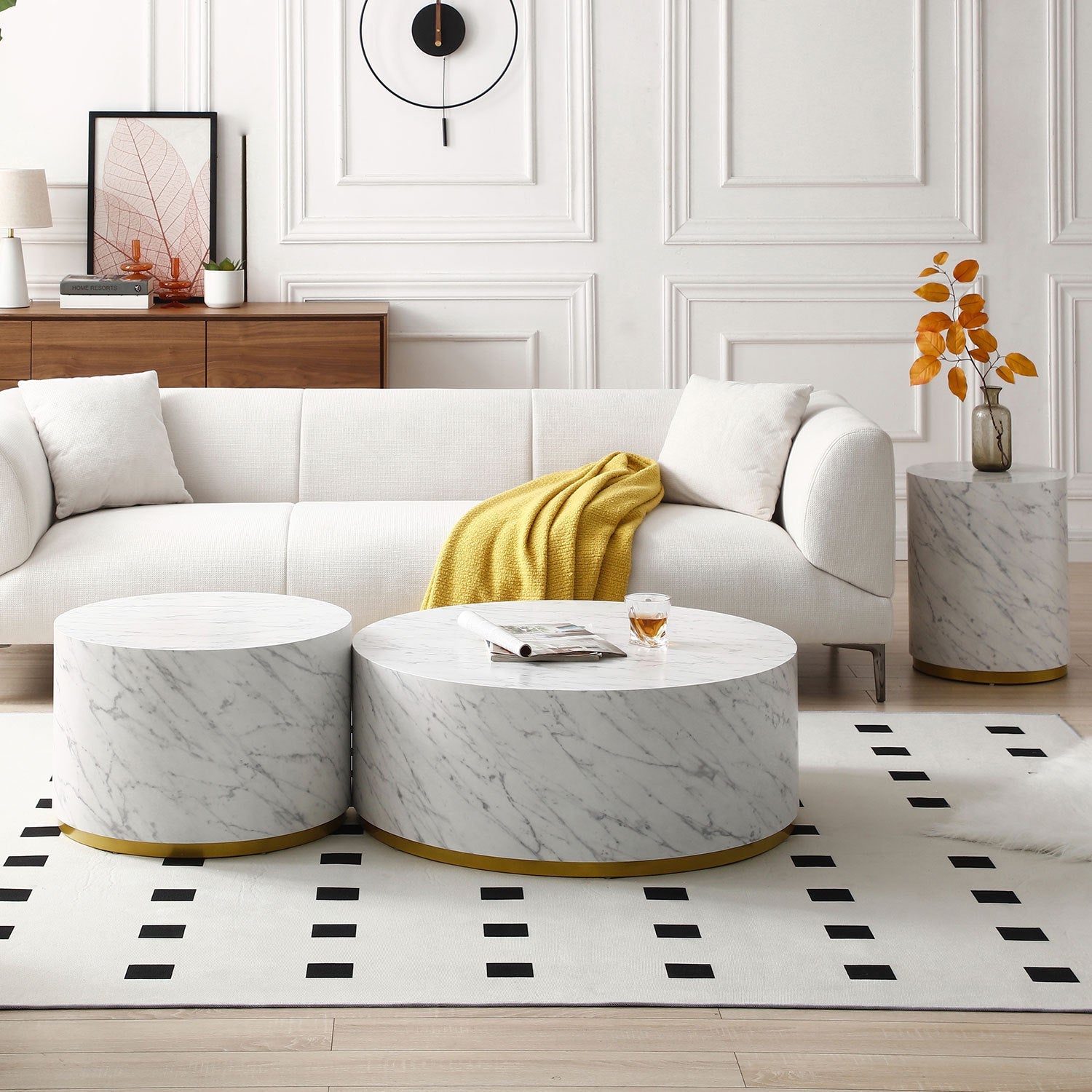 Esme Modern Round Faux Marble Coffee Table with Gold Base, White