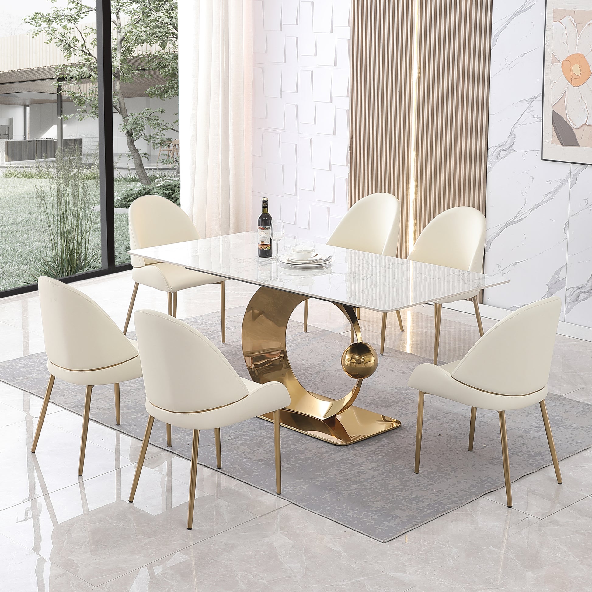 Zyra 71' 7-Piece Faux Marble Dining Set with Golden Base & Carrara White Top