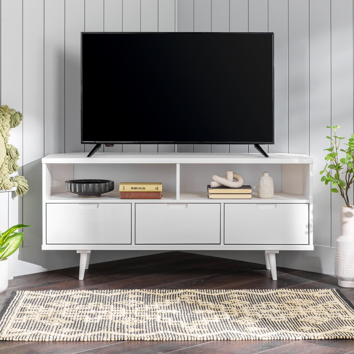 Marsh Mid-Century Modern Minimalist 3-Drawer Corner TV Stand for TVs up to 58 - White