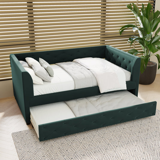 Jurikson Twin Size Upholstered Velvet Tufted Daybed with Trundle, Green