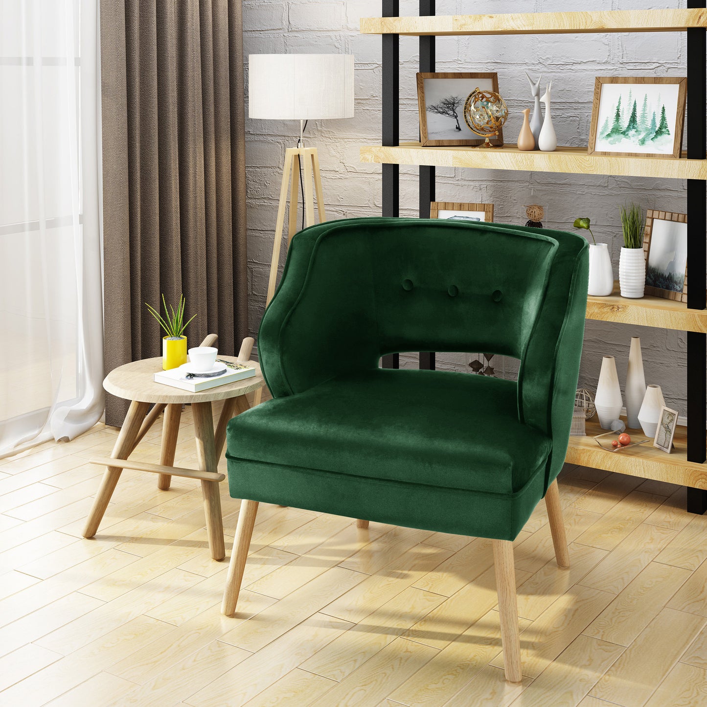 Wren Mid-Century Modern Emerald Green Velvet Tufted Accent Chair