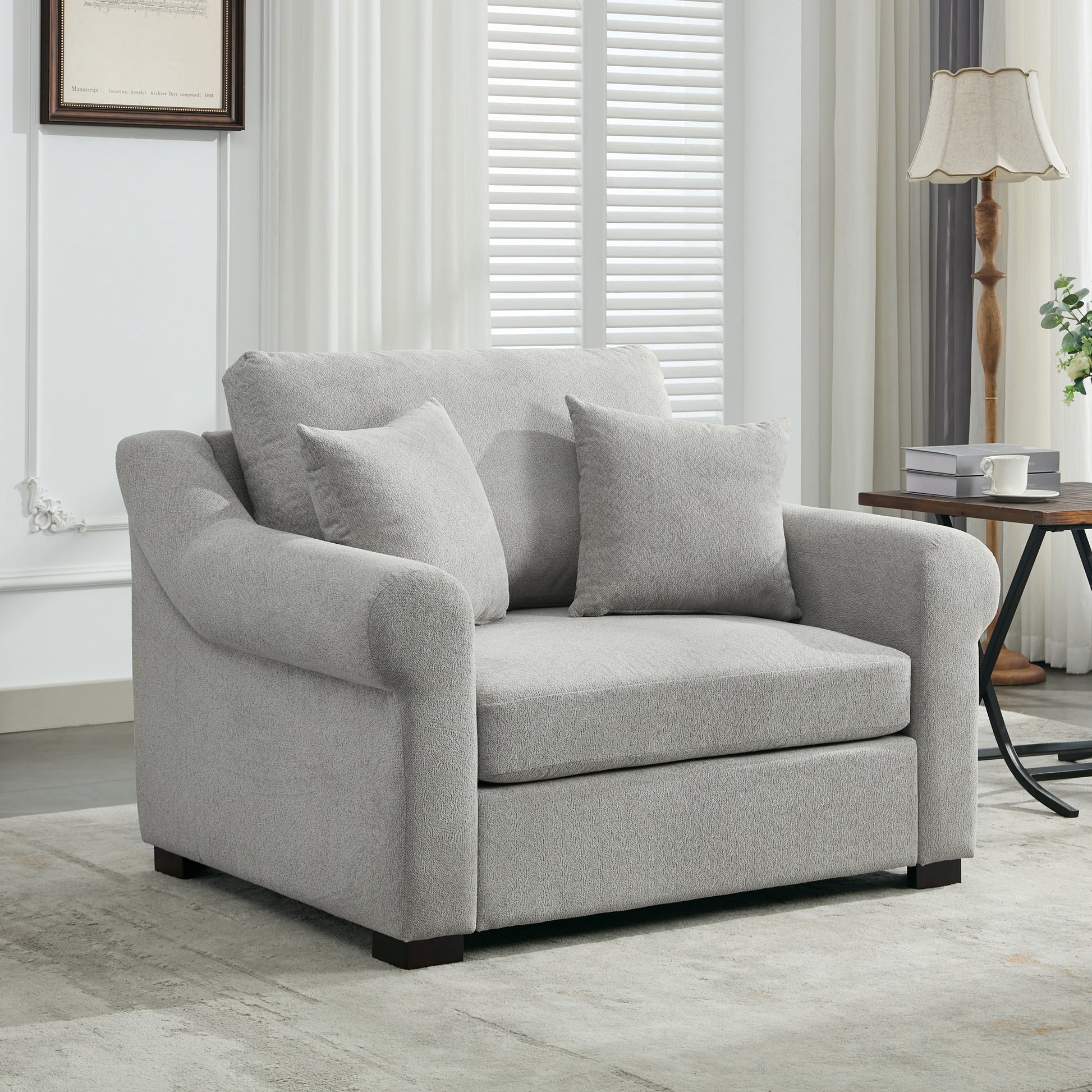 Una Modern Oversized Chenille Armchair with Pillows, Light Gray