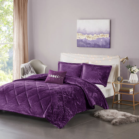 Purple Velvet Comforter Set with Throw Pillow