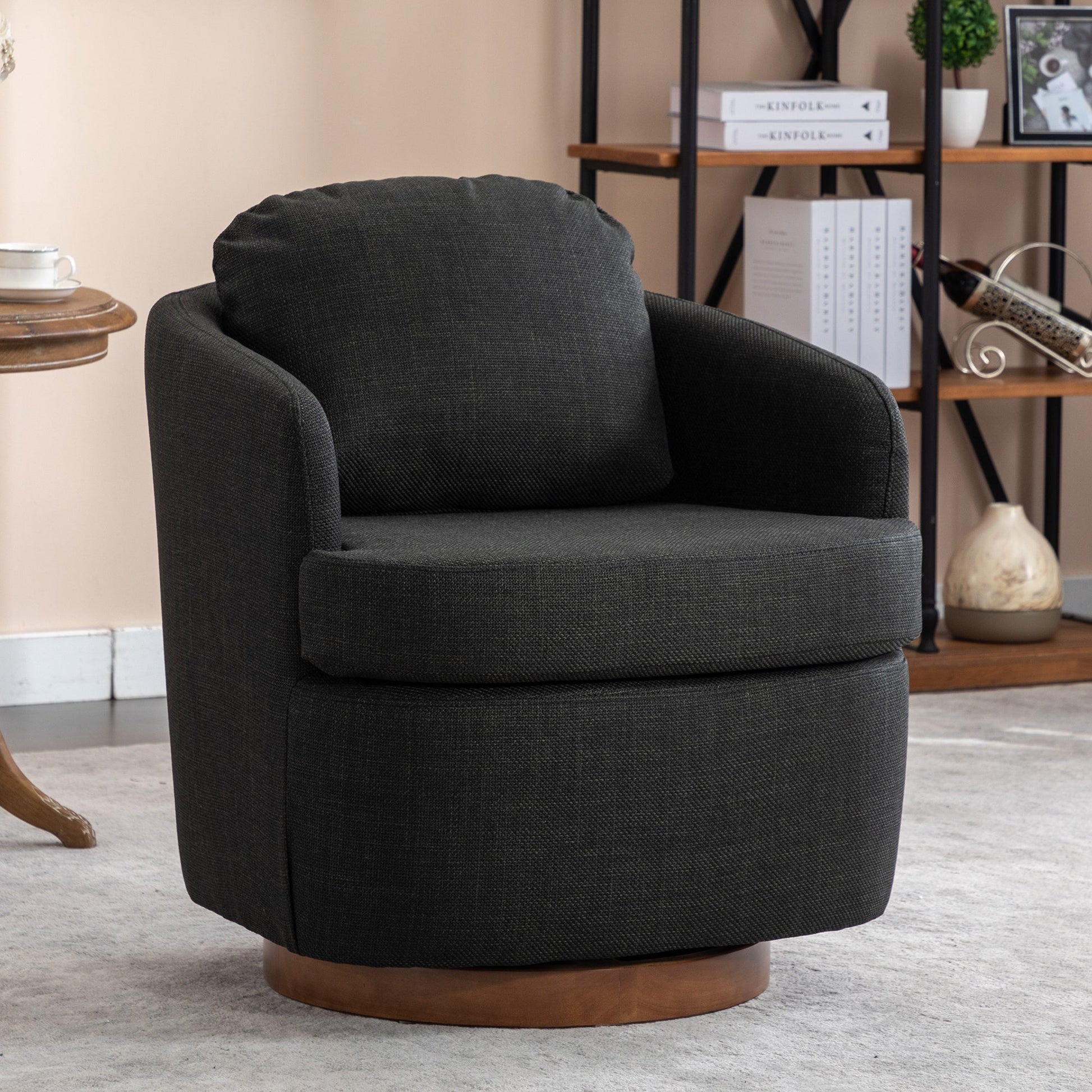 Barley Linen Swivel Accent Chair with Wooden Base - Black