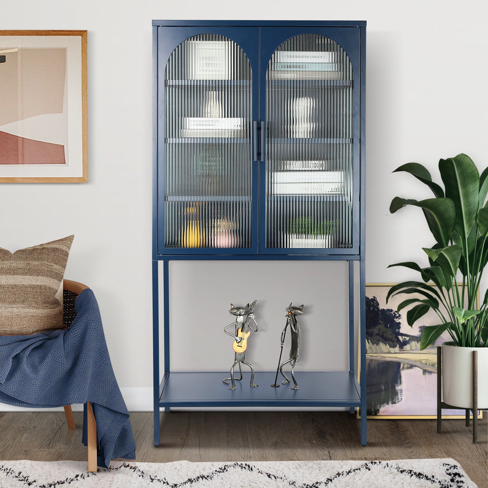 Zane Metal Arched Glass Door Cabinet, Blue