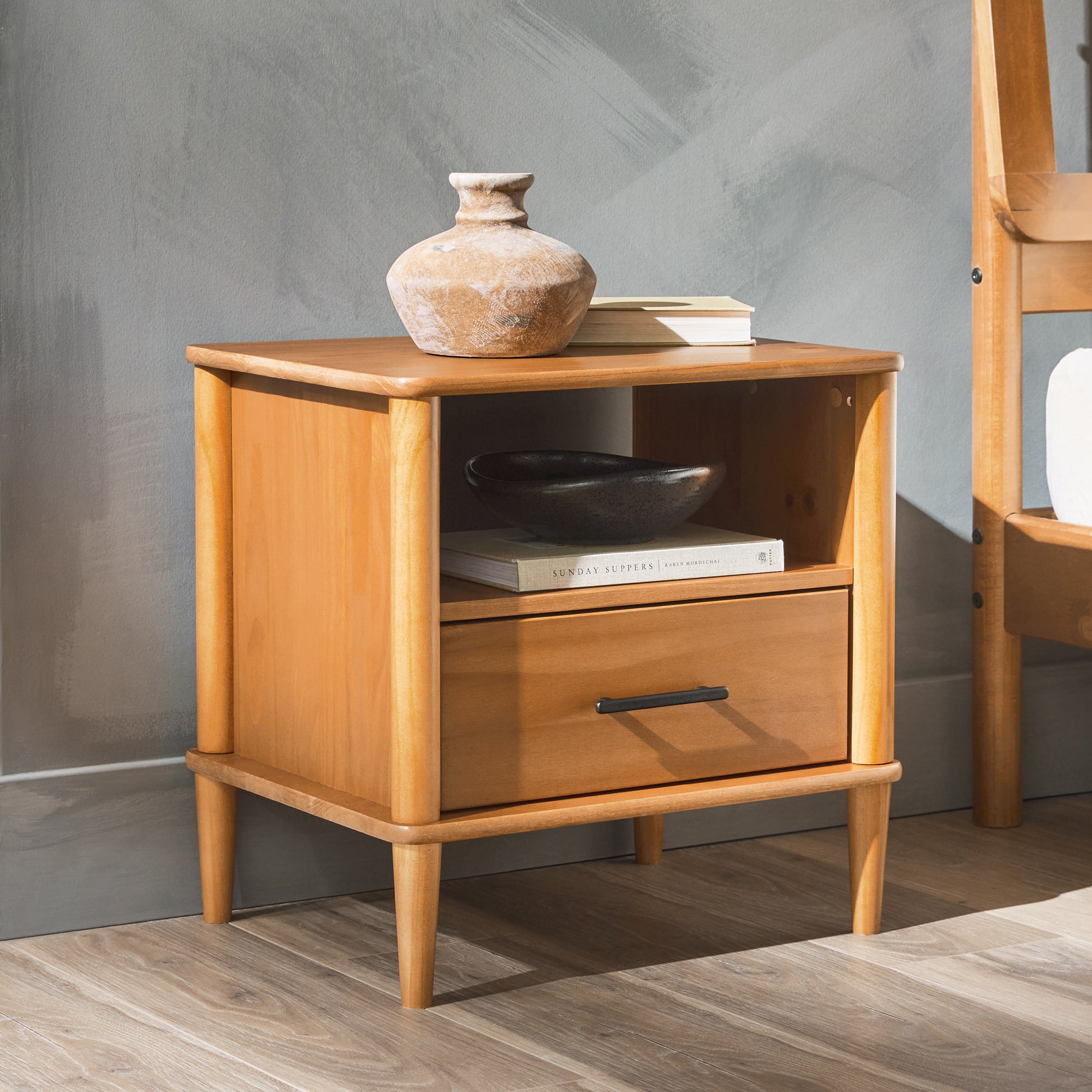 Camilla Transitional Solid Wood Spindle Nightstand – Caramel