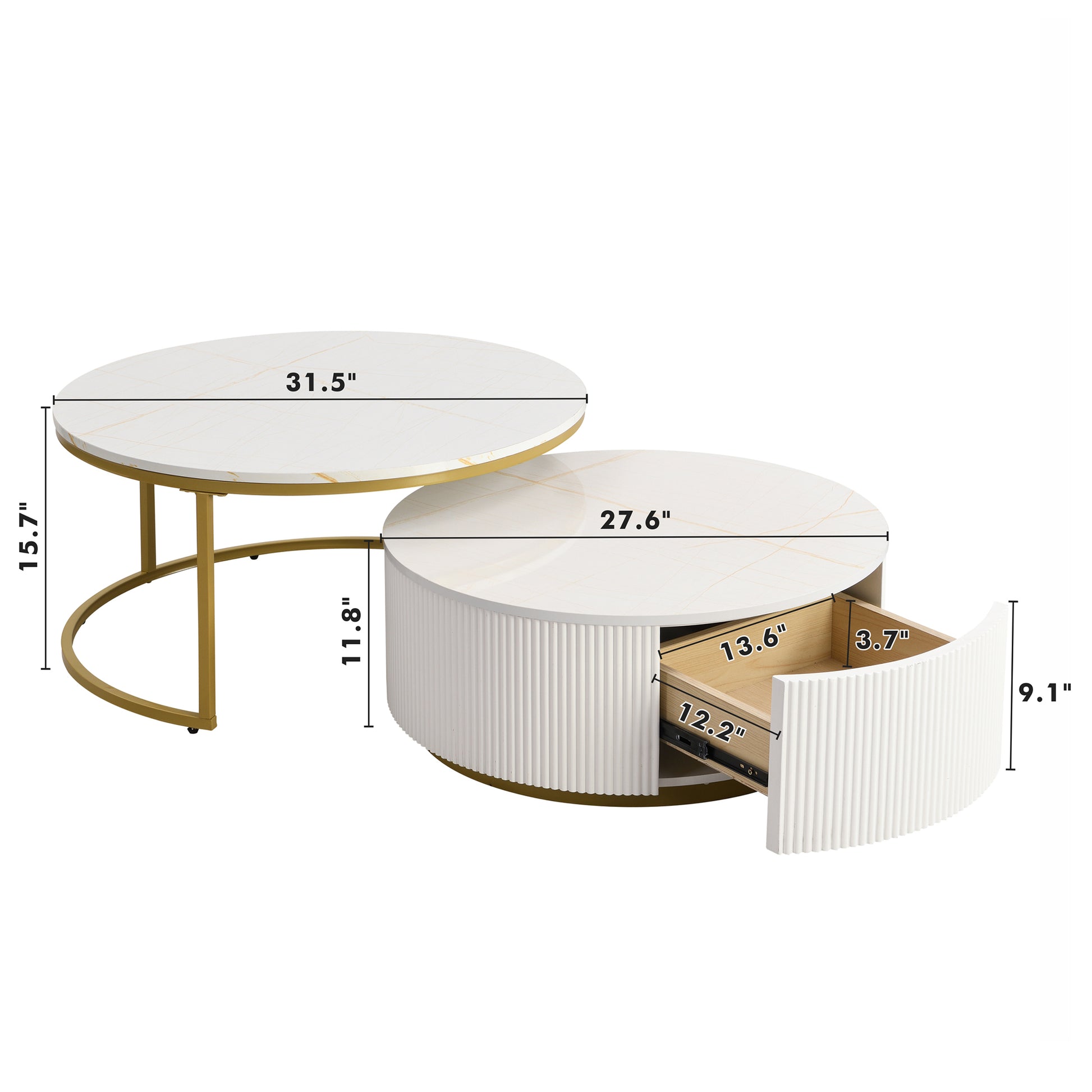 Maggie Modern Round Nesting Coffee Table Fluted with Drawer in White & Gold in 31.5''