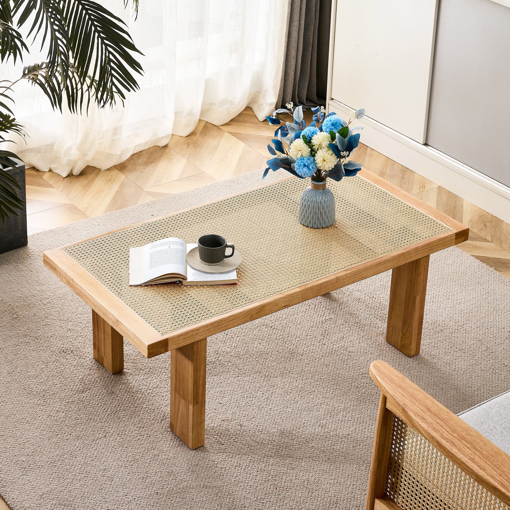 Brent Natural Finish Coffee Table with Rattan Top