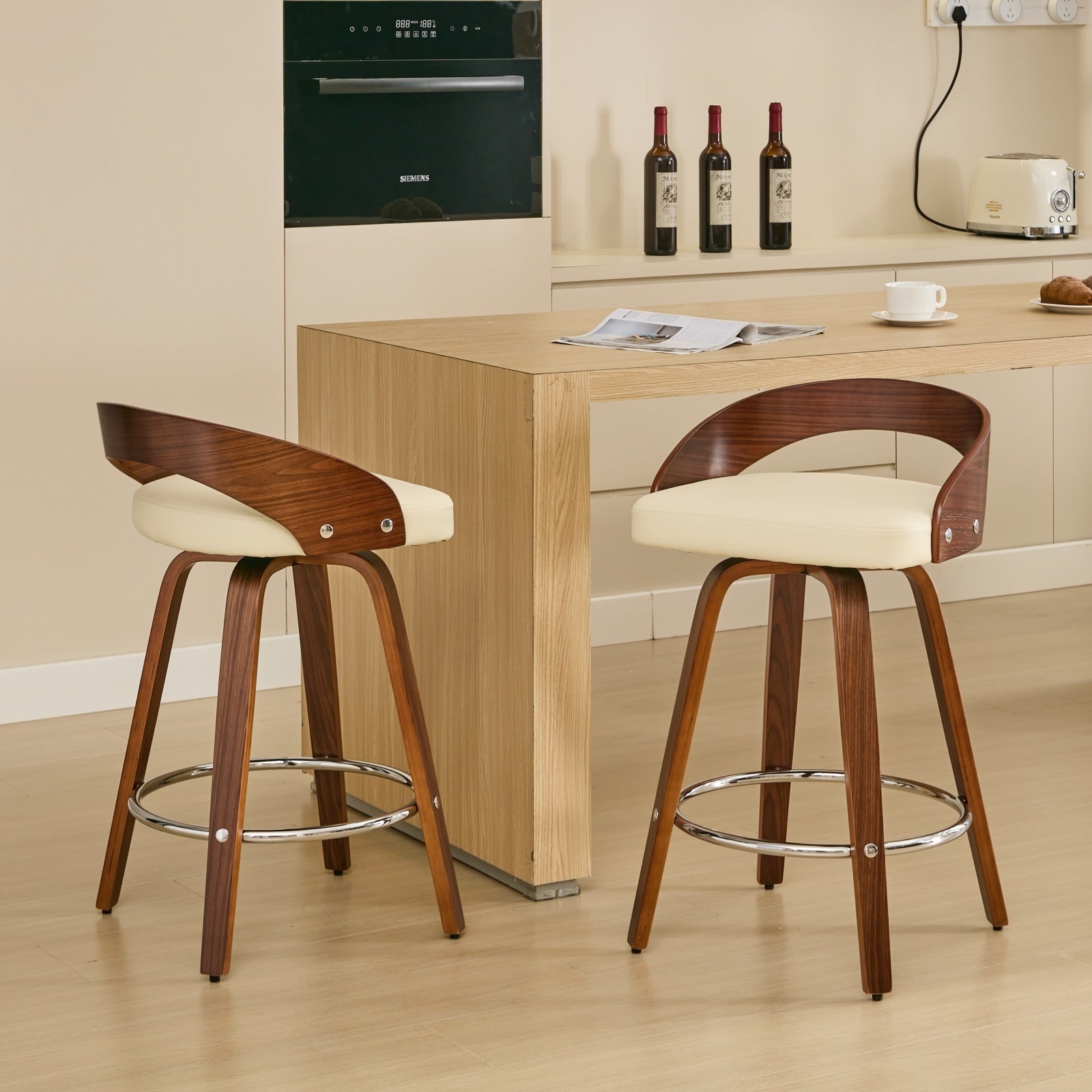 Sienna Beige Swivel Bar Stools with Low Back and Soft Cushion Seat, 25-Inch Height - Set of 2