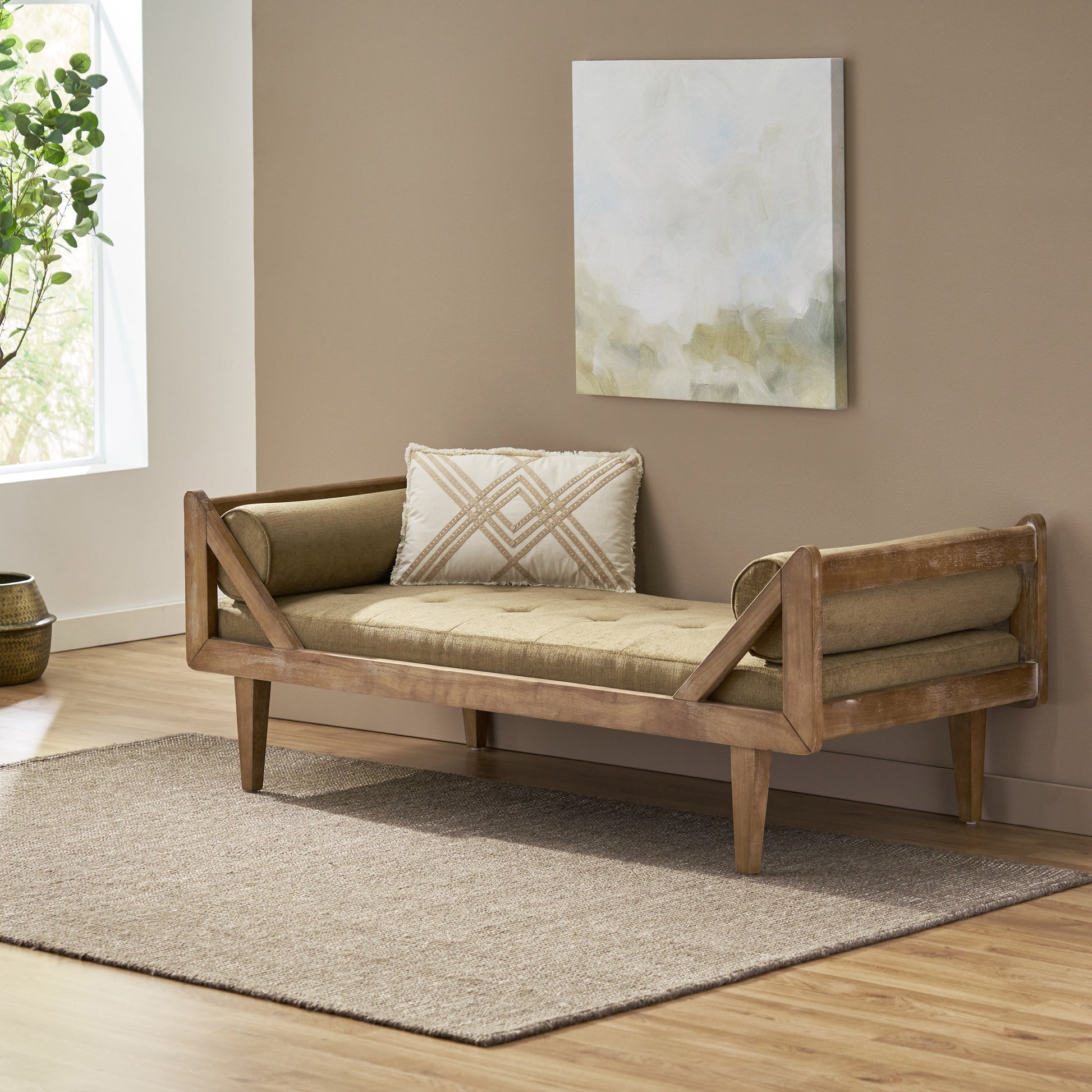 Jorja Rustic Wooden Framed Chaise Lounge with Beige Cushion