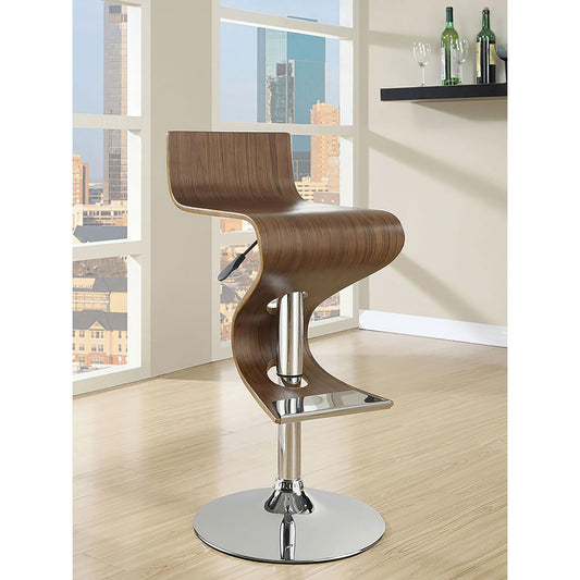 Odessa Walnut and Chrome S-Shaped Adjustable Bar Stool Set of 1