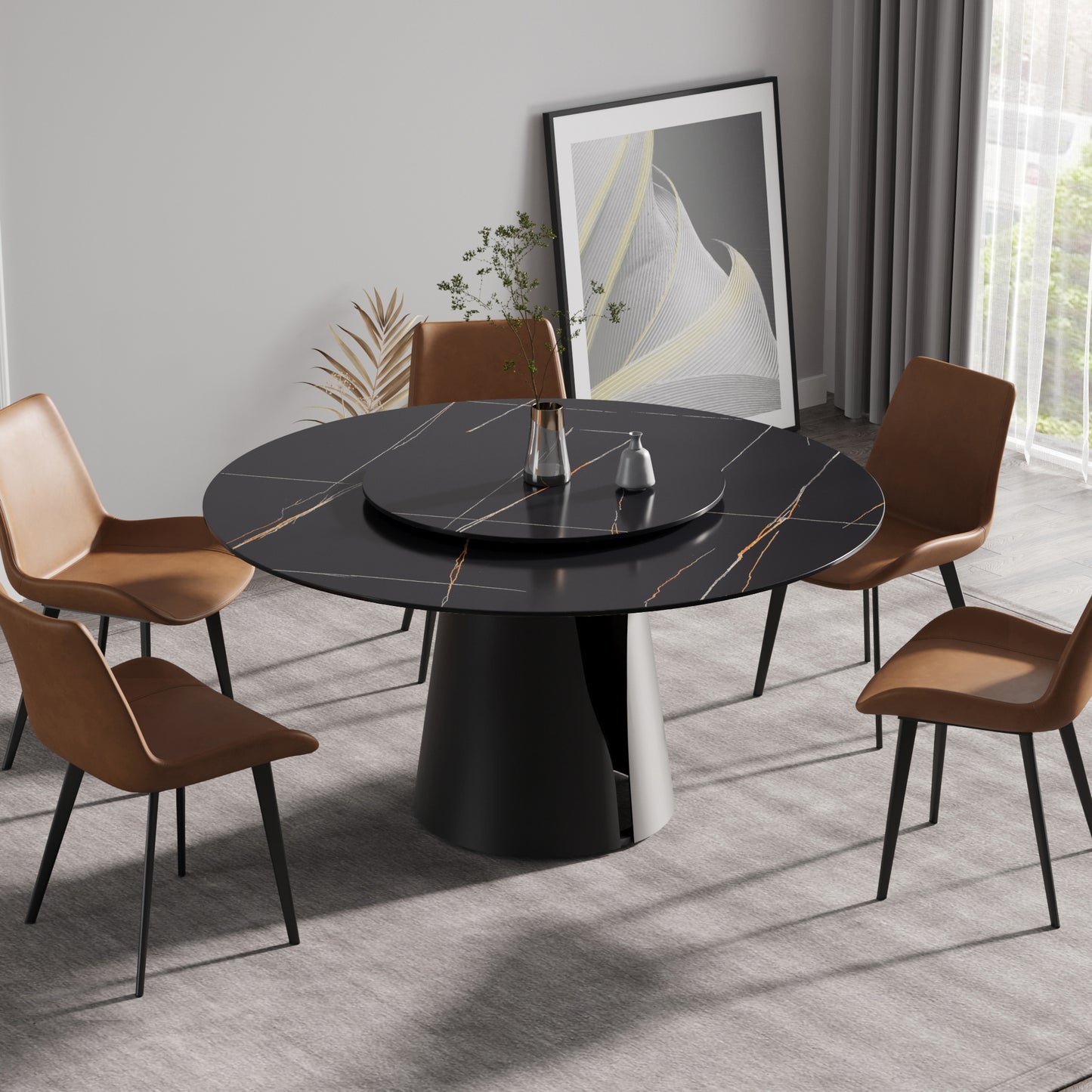 Caspian II 59" Round Modern Black Faux Marble Dining Table