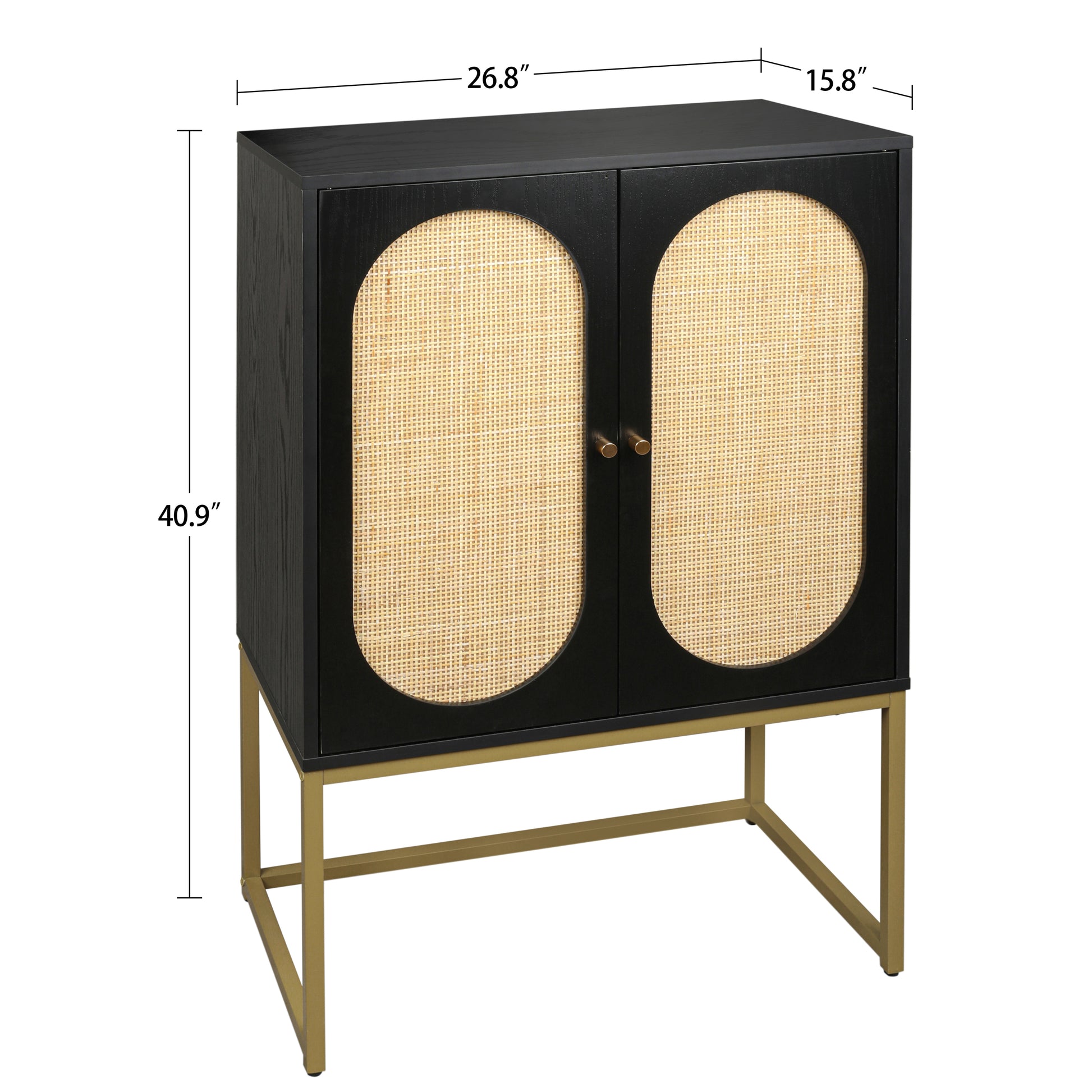 Allen Set of 2 High Cabinets in Black with Rattan Doors & Gold Legs