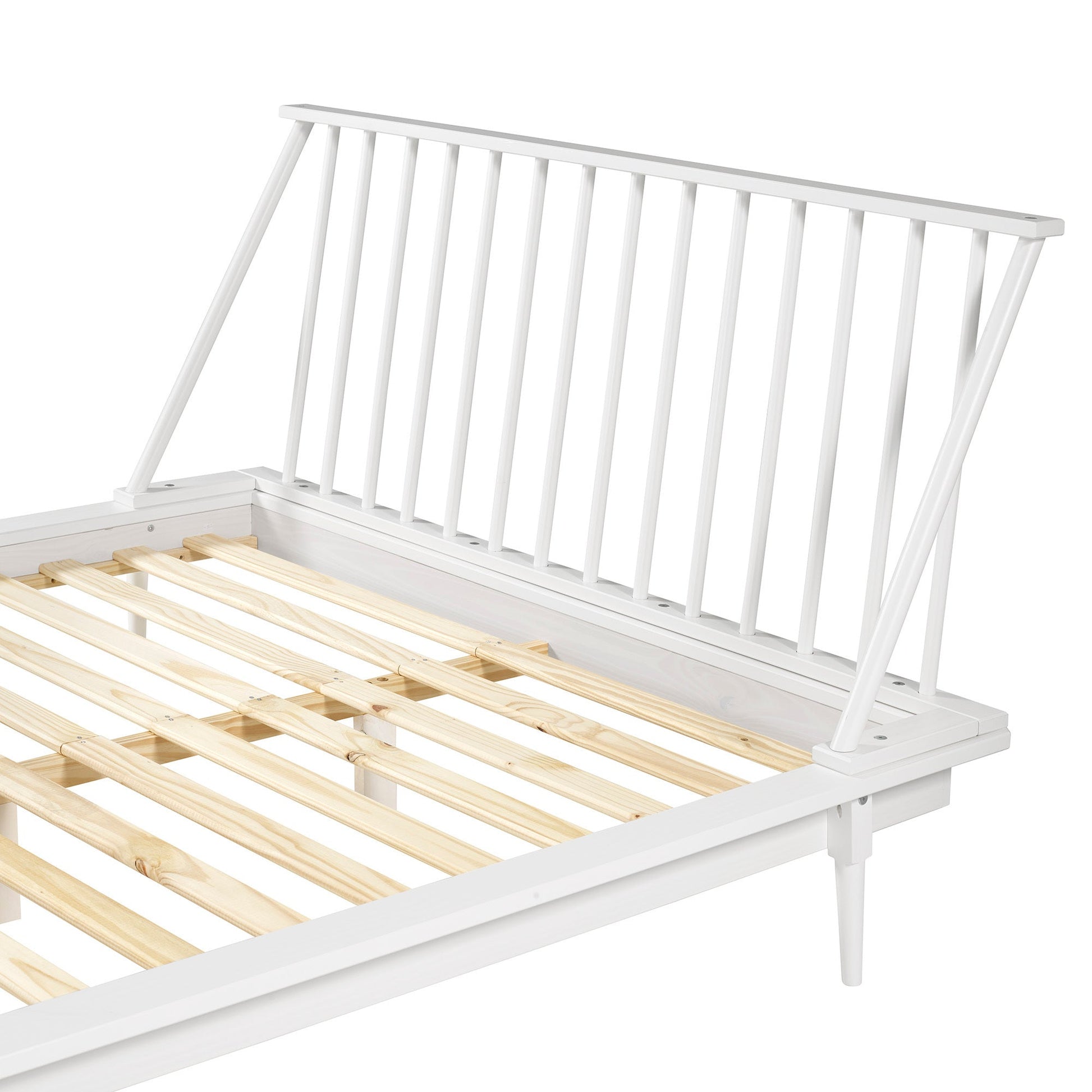 Morgan Mid-Century Modern Solid Wood Queen Platform Bed Frame with Spindle Headboard - White