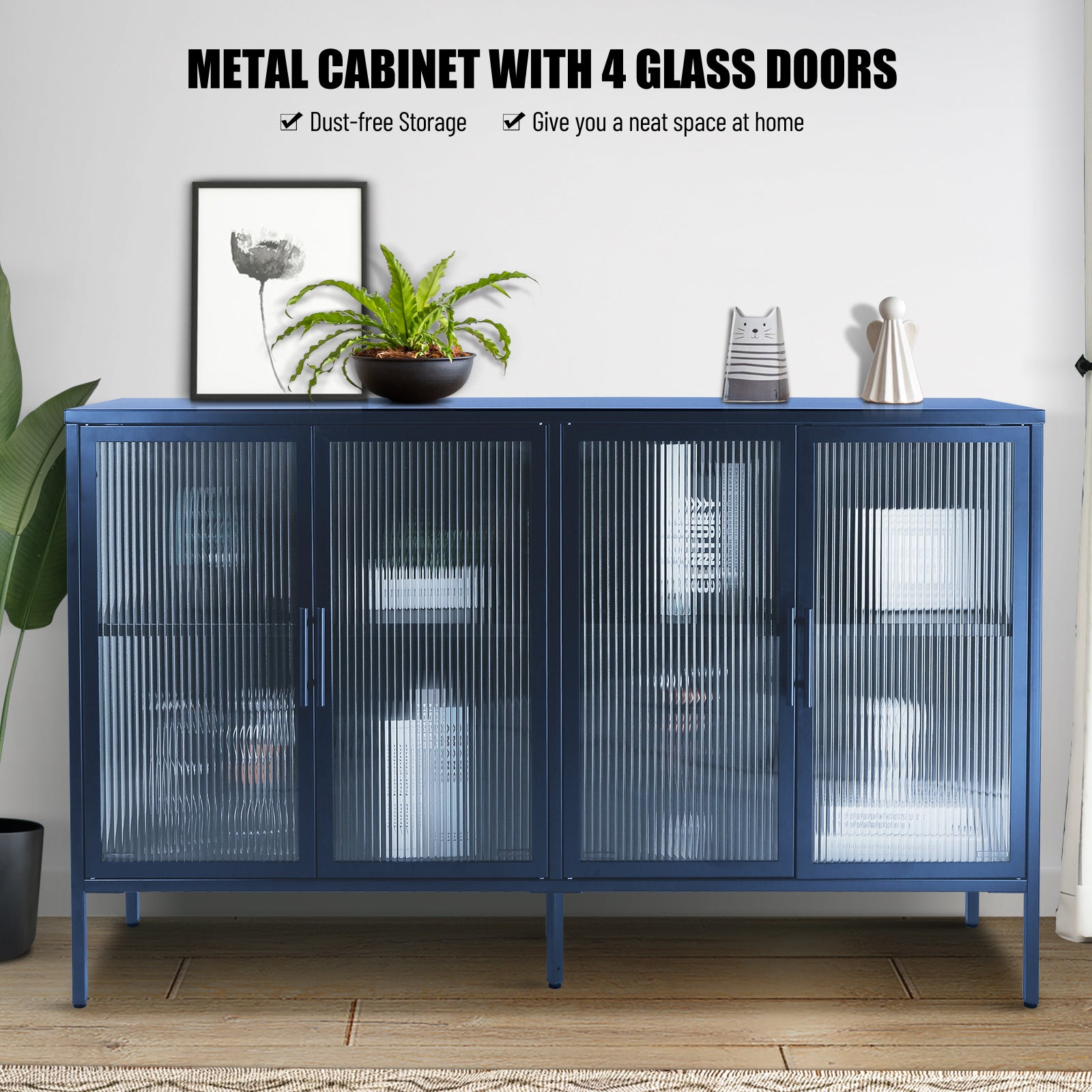 Zane 4-Door Metal Accent Cabinet with Tempered Glass Doors, Blue