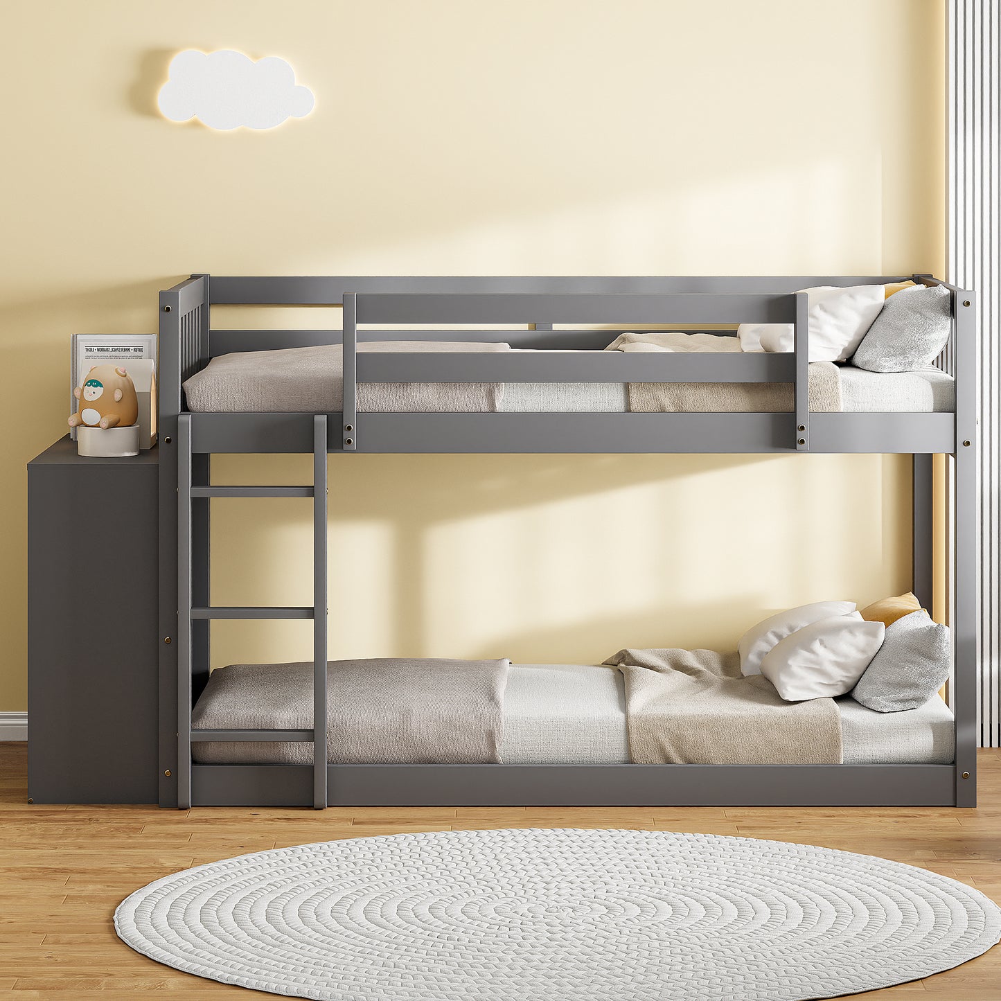 Rachel Twin over Twin Bunk Bed with 4 Drawers and 3 Shelves-Gray