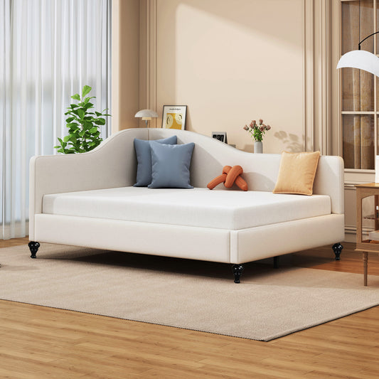 Thorne Full Size L-Shaped Linen Daybed, with Solid Wood Legs, Beige